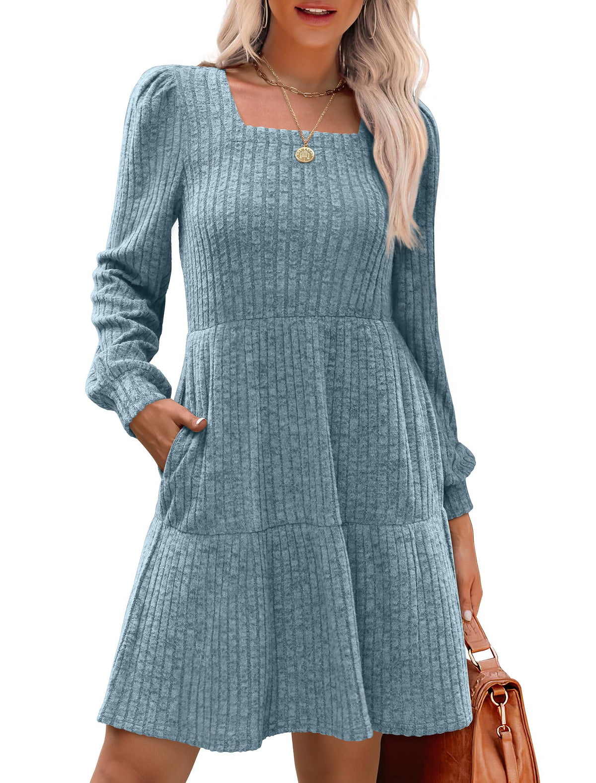 🔥👗【S-XL】2025 Autumn Women's Soft Ribbed Square Neck Dress | Lantern Sleeves for Timeless Autumnal Elegance!🍁