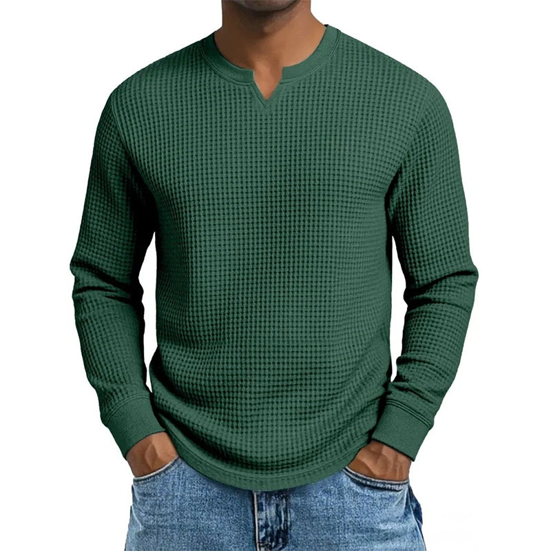 🍂 Men’s Slim-Fit Waffle-Knit V-Neck Shirt – Refined Comfort & Effortless Autumn Style