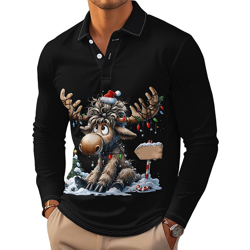 🍂🦌Men's Moose Print Long Sleeve Collared Top – Casual, Comfortable & Effortlessly Stylish