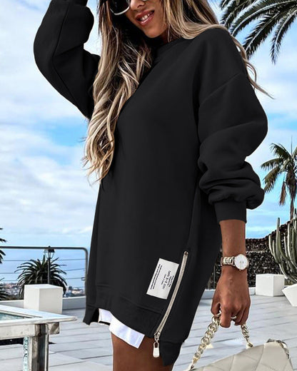 🔥2025 HOT SALE🔥 Long Sleeve Pullover Zipper Slit Casual Sweatshirt Dress