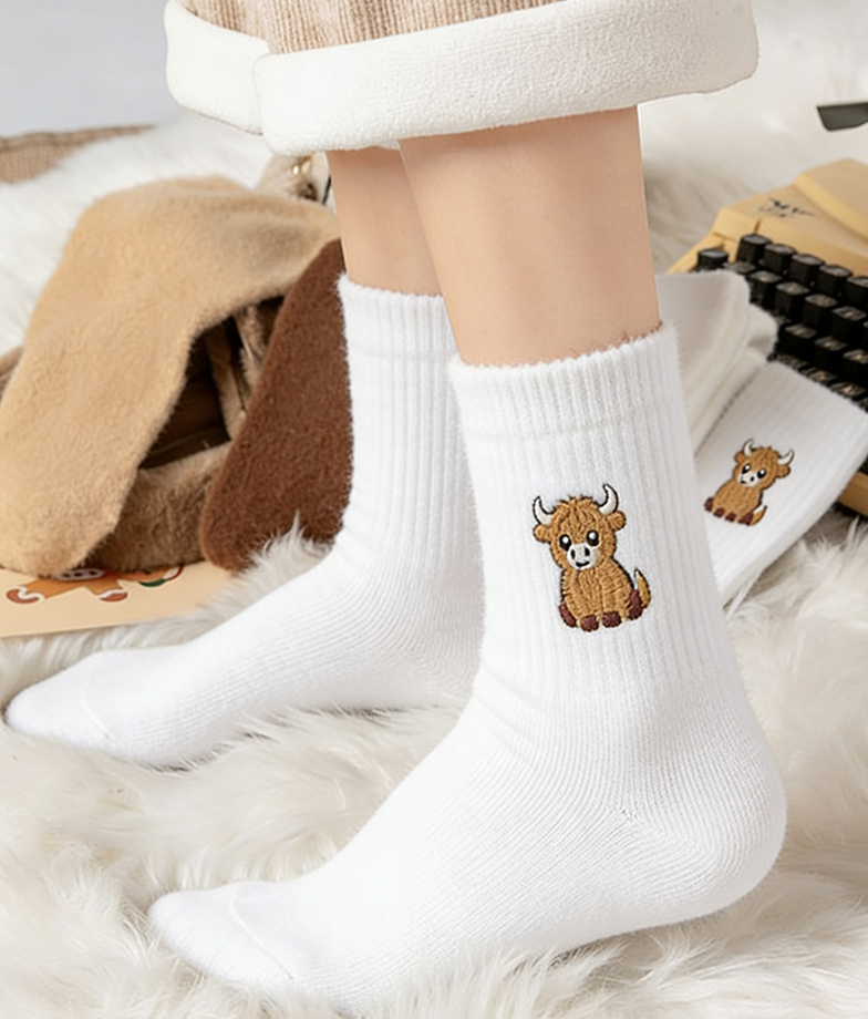 5 Pairs Fuzzy Highland Cow Embroidered Plush Socks