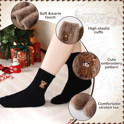 5 Pairs Fuzzy Highland Cow Embroidered Plush Socks
