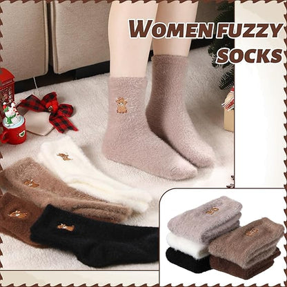5 Pairs Fuzzy Highland Cow Embroidered Plush Socks