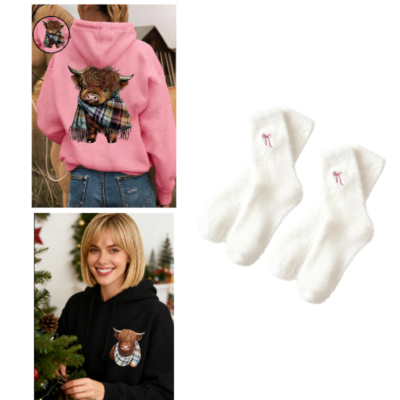 🐮 50% OFF!!🎁Cute Highland Cow Cozy Fleece-Lined Hooded Sweatshirt