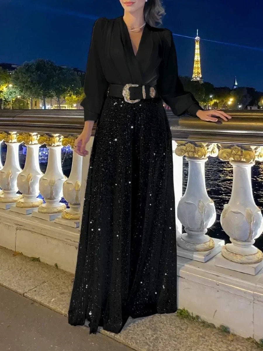 💖⚡Elegant long-sleeved blouse with V-neckline and wide sequinned jumpsuit trousers