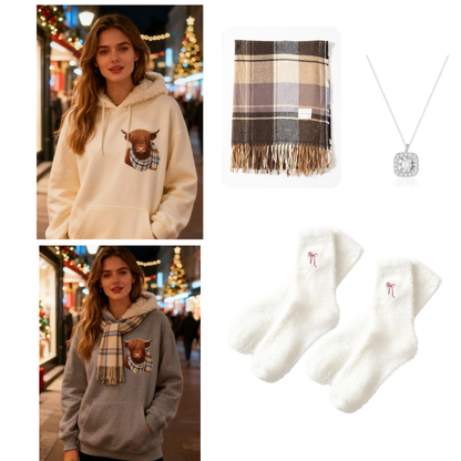 🐮 50% OFF!!🎁Cute Highland Cow Cozy Fleece-Lined Hooded Sweatshirt
