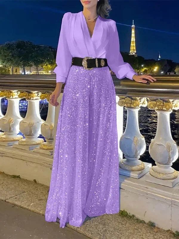 💖⚡Elegant long-sleeved blouse with V-neckline and wide sequinned jumpsuit trousers