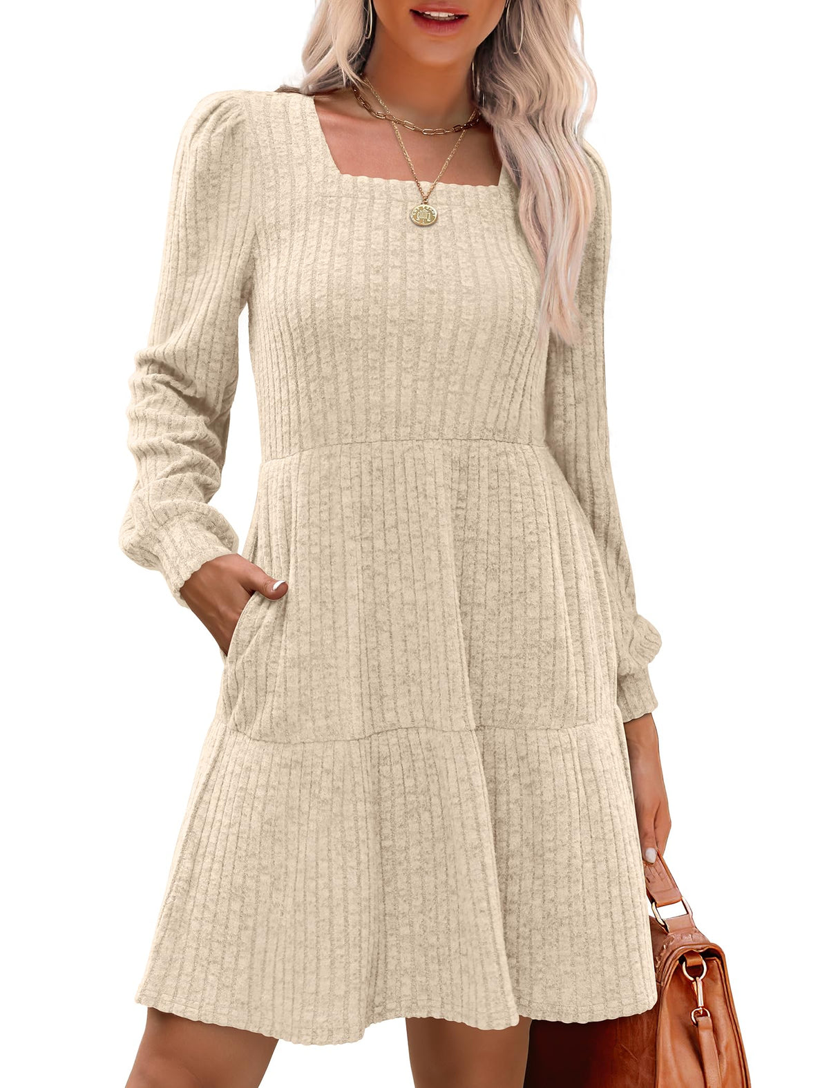 🔥👗【S-XL】2025 Autumn Women's Soft Ribbed Square Neck Dress | Lantern Sleeves for Timeless Autumnal Elegance!🍁