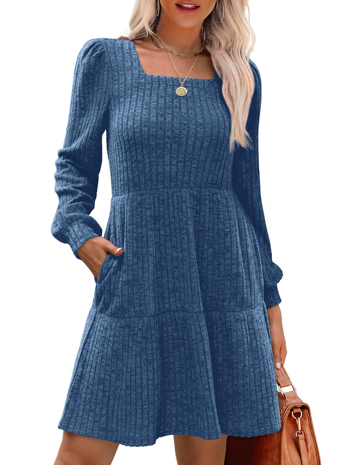 🔥👗【S-XL】2025 Autumn Women's Soft Ribbed Square Neck Dress | Lantern Sleeves for Timeless Autumnal Elegance!🍁