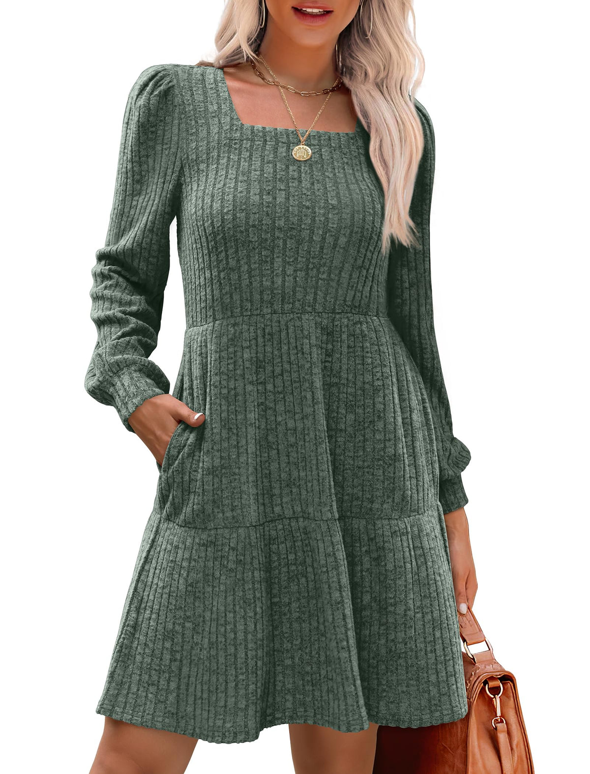 🔥👗【S-XL】2025 Autumn Women's Soft Ribbed Square Neck Dress | Lantern Sleeves for Timeless Autumnal Elegance!🍁