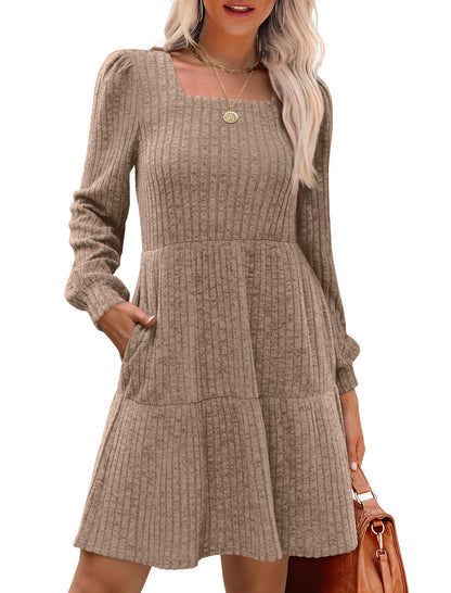 🔥👗【S-XL】2025 Autumn Women's Soft Ribbed Square Neck Dress | Lantern Sleeves for Timeless Autumnal Elegance!🍁