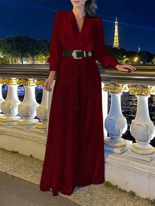 💖⚡Elegant long-sleeved blouse with V-neckline and wide sequinned jumpsuit trousers