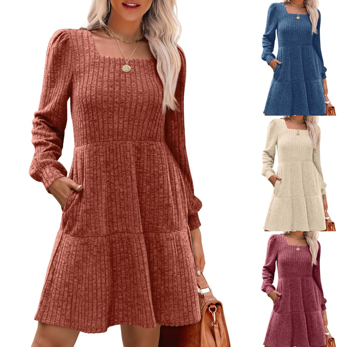 🔥👗【S-XL】2025 Autumn Women's Soft Ribbed Square Neck Dress | Lantern Sleeves for Timeless Autumnal Elegance!🍁