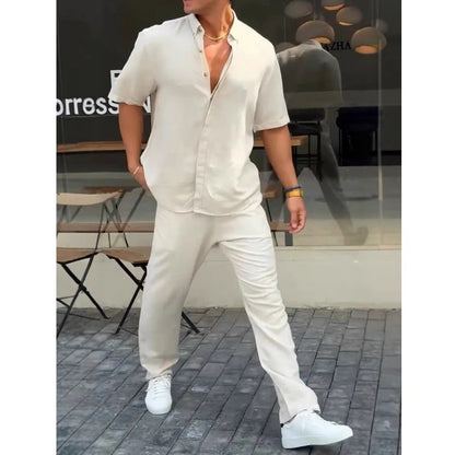 ✨Hot Sale 50% OFF✨Men’s Solid Lapel Short-Sleeve Tops ＆ Pants 2-Piece Set👔