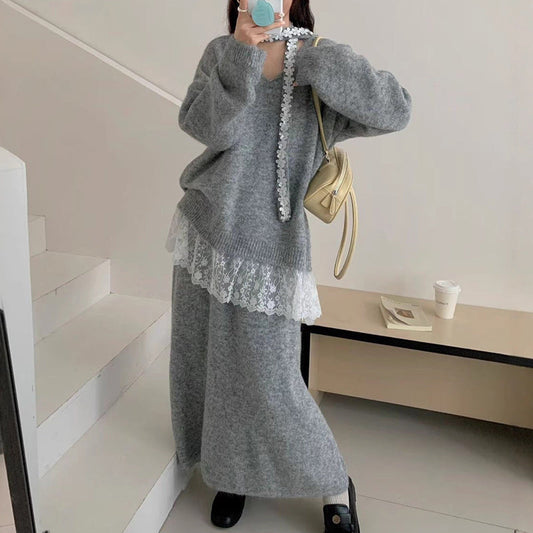 ✨ Women’s Lace-Trim Knit Sweater & Skirt 2-Piece Set — Effortless Elegance for Autumn & Winter ❄️👗