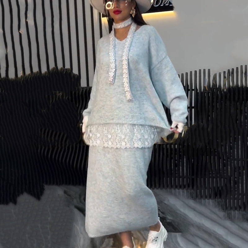 ✨ Women’s Lace-Trim Knit Sweater & Skirt 2-Piece Set — Effortless Elegance for Autumn & Winter ❄️👗