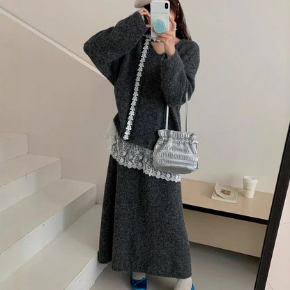 ✨ Women’s Lace-Trim Knit Sweater & Skirt 2-Piece Set — Effortless Elegance for Autumn & Winter ❄️👗