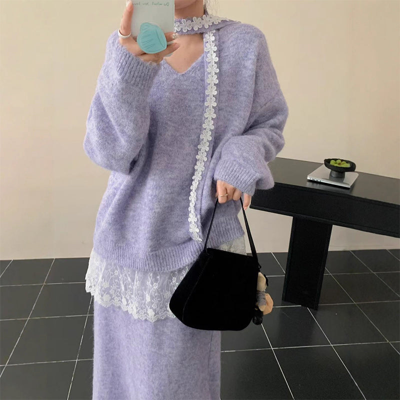 ✨ Women’s Lace-Trim Knit Sweater & Skirt 2-Piece Set — Effortless Elegance for Autumn & Winter ❄️👗