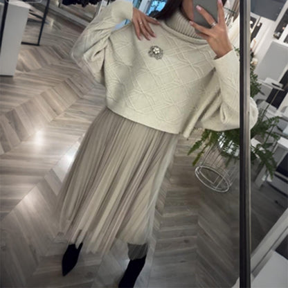 🌟 WOMEN’S ELEGANT TURTLENECK SWEATER & TULLE SKIRT 2-PIECE SET