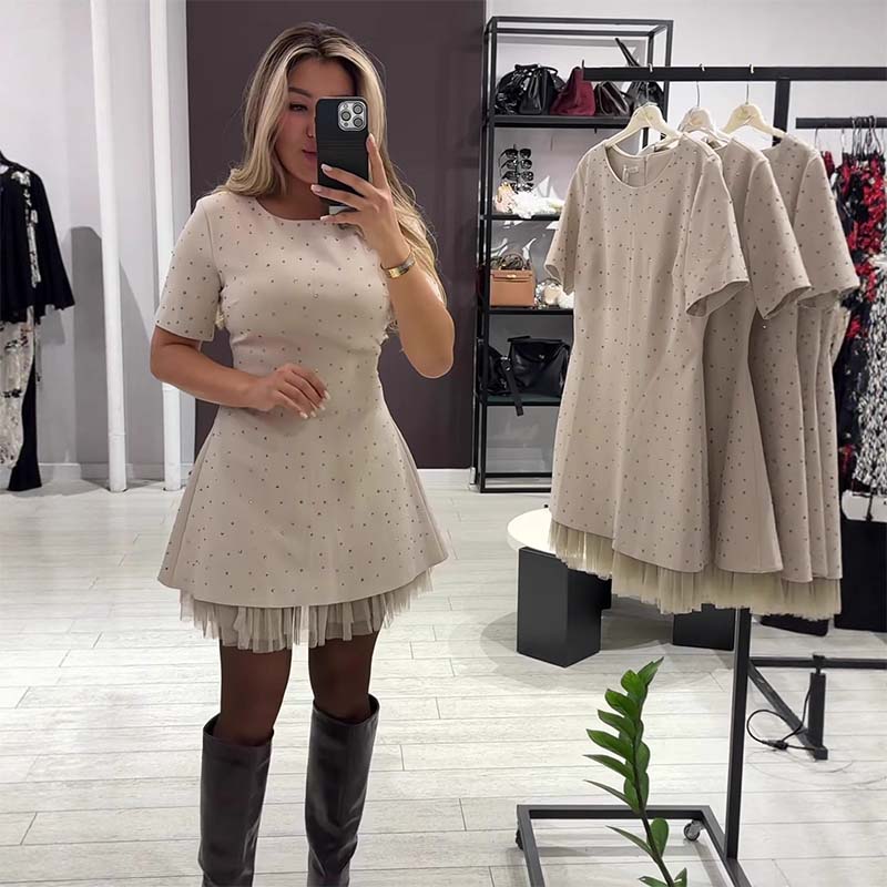 Women’s Sparkling Lace Trim Short-Sleeve Mini Dress | Elegant & Shimmering