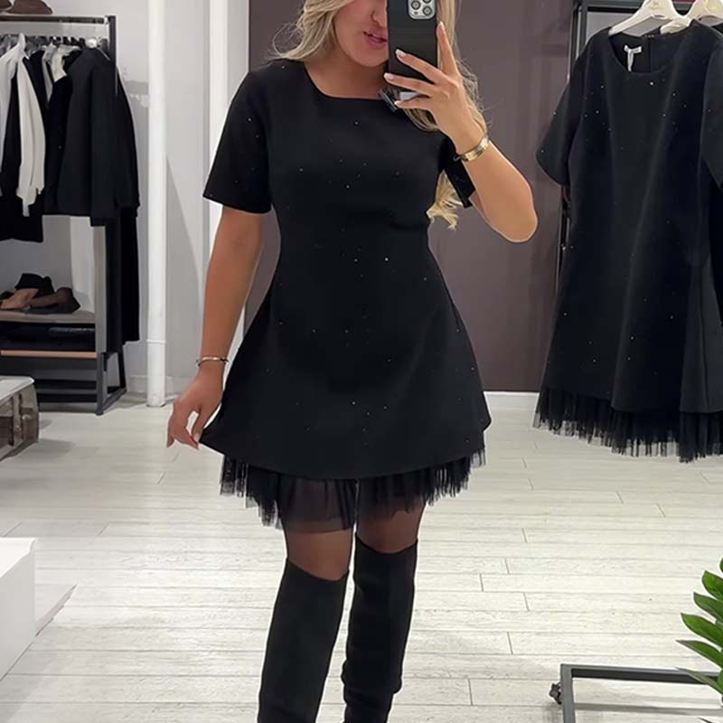 Women’s Sparkling Lace Trim Short-Sleeve Mini Dress | Elegant & Shimmering