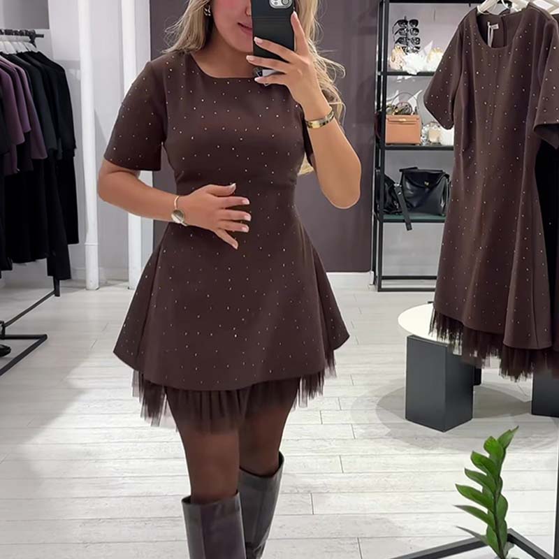 Women’s Sparkling Lace Trim Short-Sleeve Mini Dress | Elegant & Shimmering