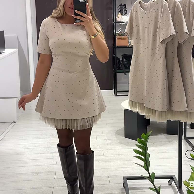 Women’s Sparkling Lace Trim Short-Sleeve Mini Dress | Elegant & Shimmering