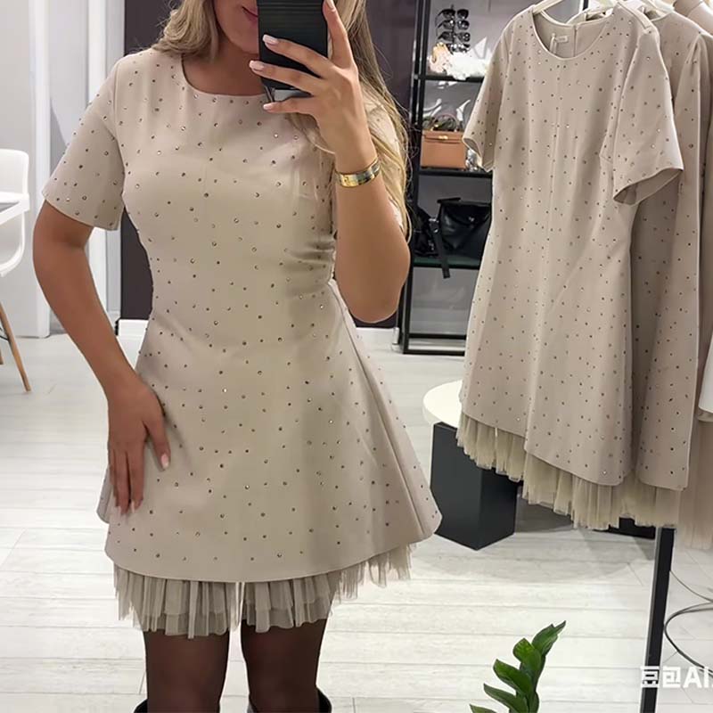 Women’s Sparkling Lace Trim Short-Sleeve Mini Dress | Elegant & Shimmering