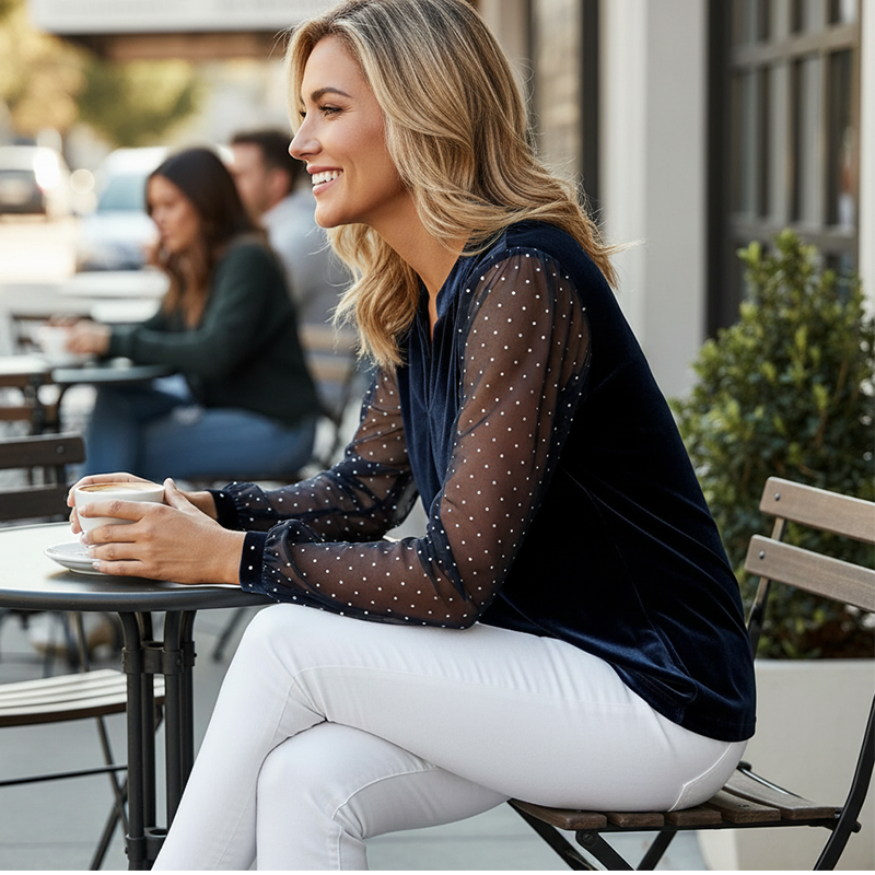 Women's Velvet V-Neck Tops with Mesh Sleeves