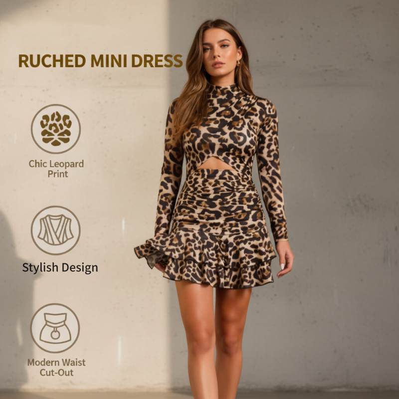 Women's Leopard Print Ruched Mini Dress