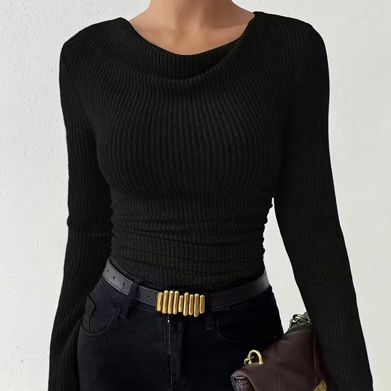 Women's Draped Neck Ruched Long-Sleeve Knit Tops