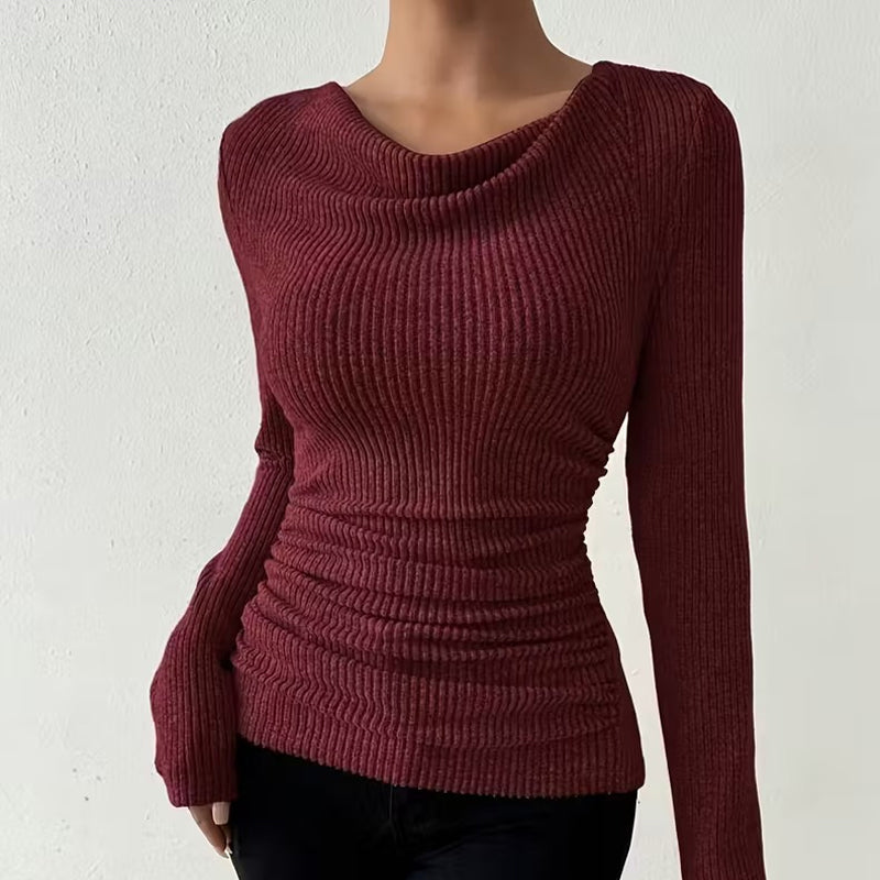 Women's Draped Neck Ruched Long-Sleeve Knit Tops