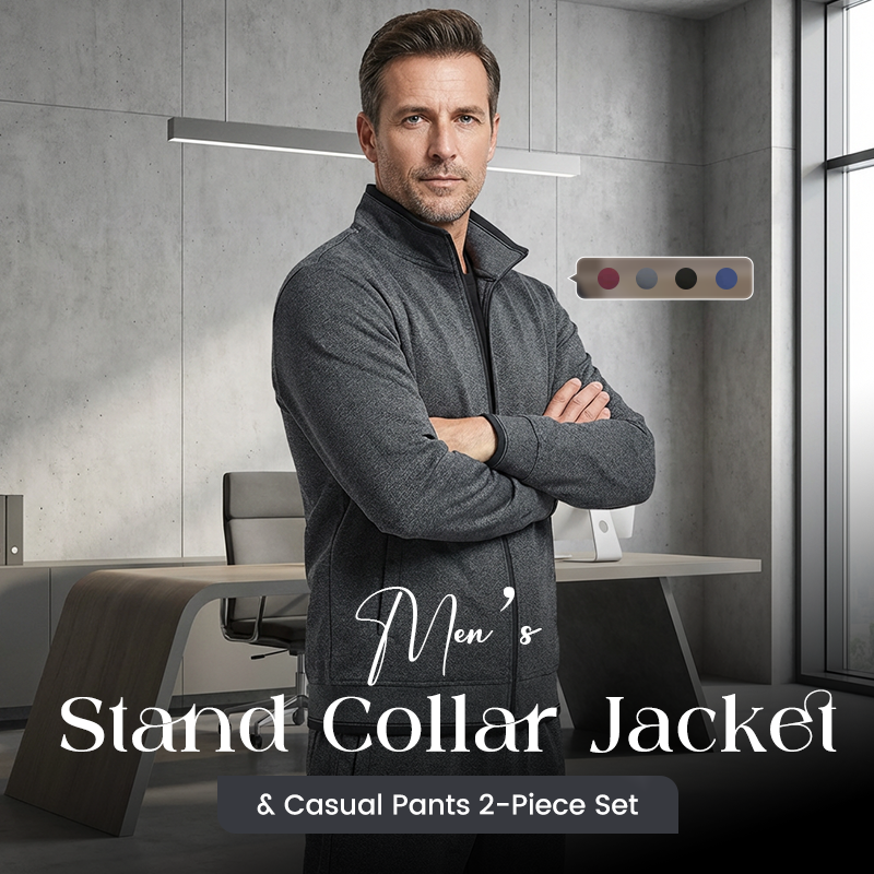 Men’s Stand Collar Jacket & Casual Pants 2-Piece Set