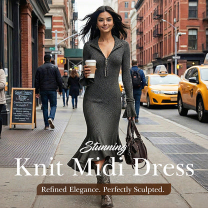 🍂👗Retro Zipper Neck Trumpet Sleeve Midi Dress – Vintage Charm Meets Modern Elegance