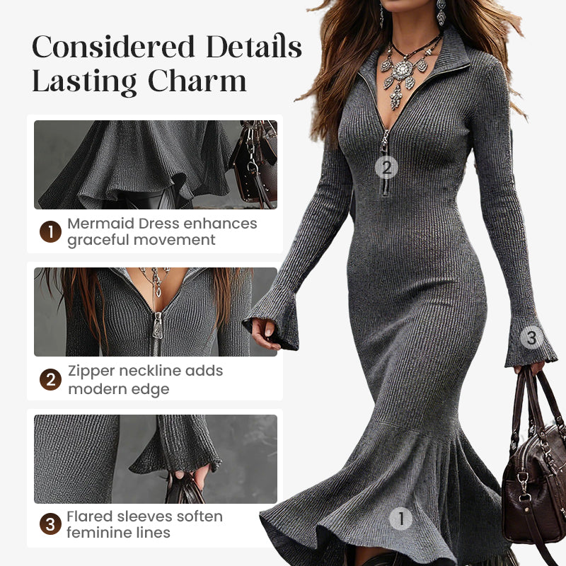 🍂👗Retro Zipper Neck Trumpet Sleeve Midi Dress – Vintage Charm Meets Modern Elegance