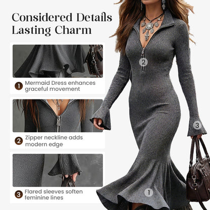 🍂👗Retro Zipper Neck Trumpet Sleeve Midi Dress – Vintage Charm Meets Modern Elegance