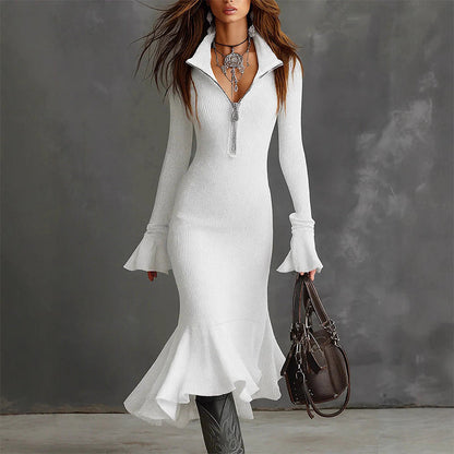 🍂👗Retro Zipper Neck Trumpet Sleeve Midi Dress – Vintage Charm Meets Modern Elegance