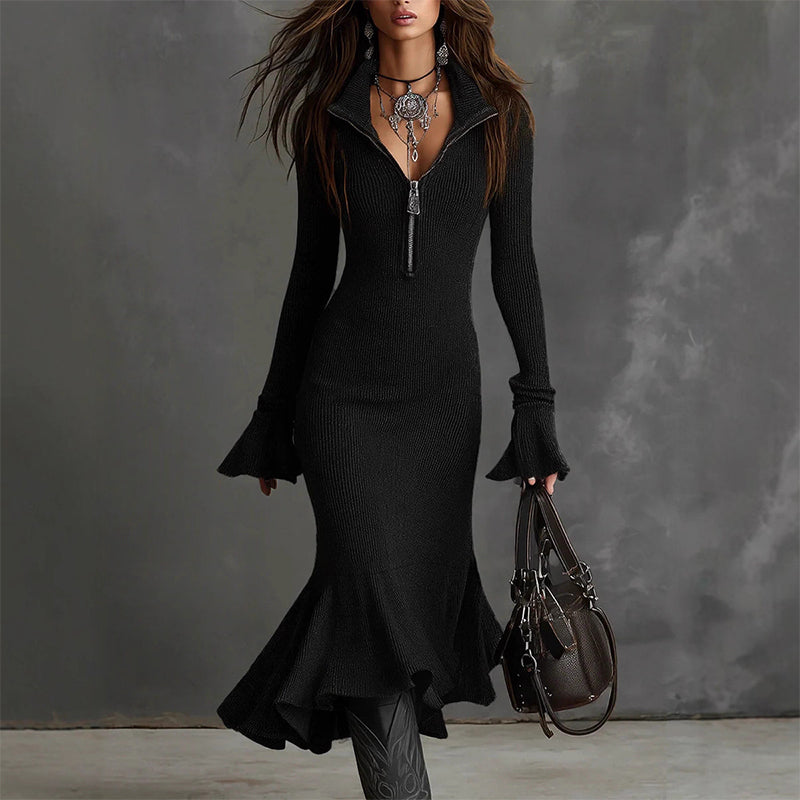 🍂👗Retro Zipper Neck Trumpet Sleeve Midi Dress – Vintage Charm Meets Modern Elegance