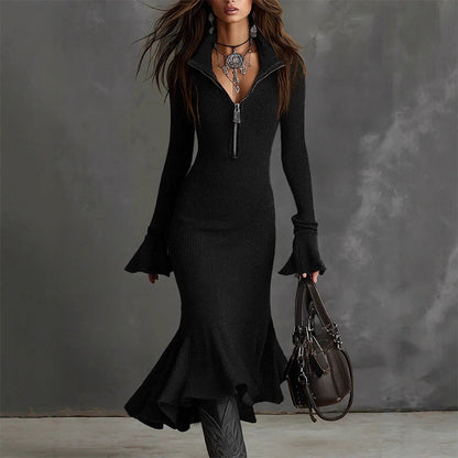 🍂👗Retro Zipper Neck Trumpet Sleeve Midi Dress – Vintage Charm Meets Modern Elegance