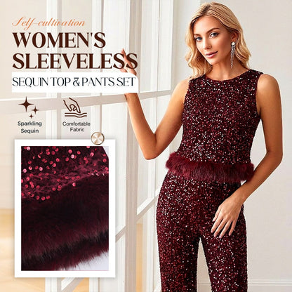 Women's Sleeveless Sequin Top & Pants Set