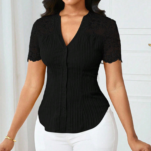 Women's V-Neck Lace Sleeve Button Down Summer Blouse🌸 Effortless Elegance, Everyday Style! 🌸