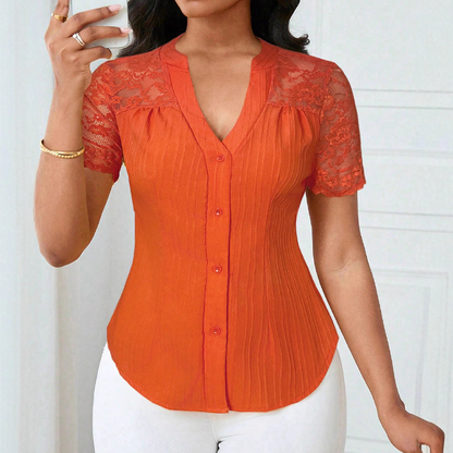 Women's V-Neck Lace Sleeve Button Down Summer Blouse🌸 Effortless Elegance, Everyday Style! 🌸