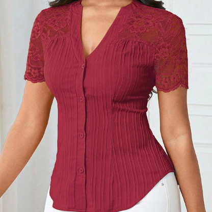 Women's V-Neck Lace Sleeve Button Down Summer Blouse🌸 Effortless Elegance, Everyday Style! 🌸
