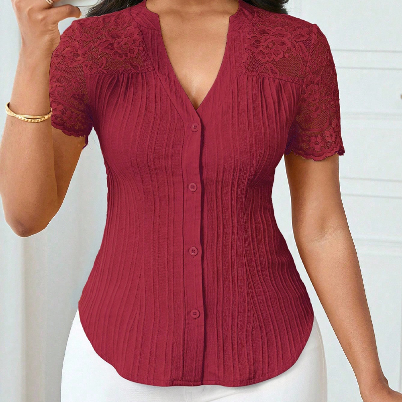 Women's V-Neck Lace Sleeve Button Down Summer Blouse🌸 Effortless Elegance, Everyday Style! 🌸