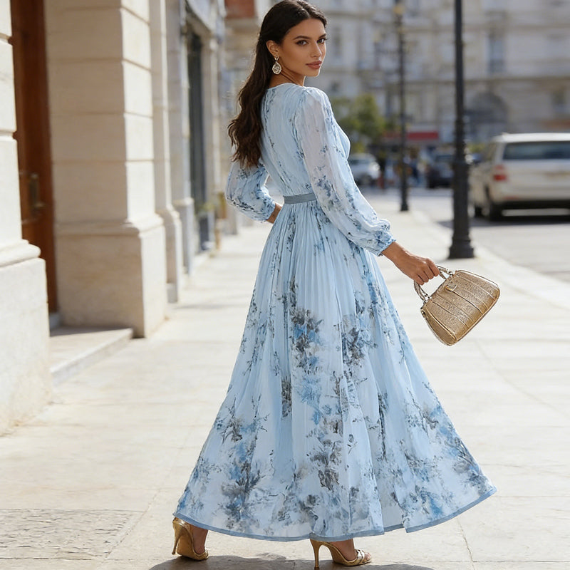 Elegant V-Neck Floral Pleated Maxi Dress