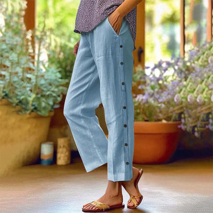Casual Solid-Color Loose-Fit Cropped Pants with Side Buttons