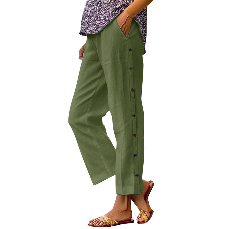 Casual Solid-Color Loose-Fit Cropped Pants with Side Buttons