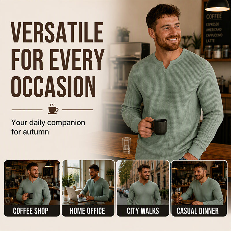 🍂 Men’s Slim-Fit Waffle-Knit V-Neck Shirt – Refined Comfort & Effortless Autumn Style