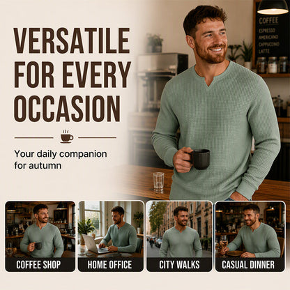 🍂 Men’s Slim-Fit Waffle-Knit V-Neck Shirt – Refined Comfort & Effortless Autumn Style
