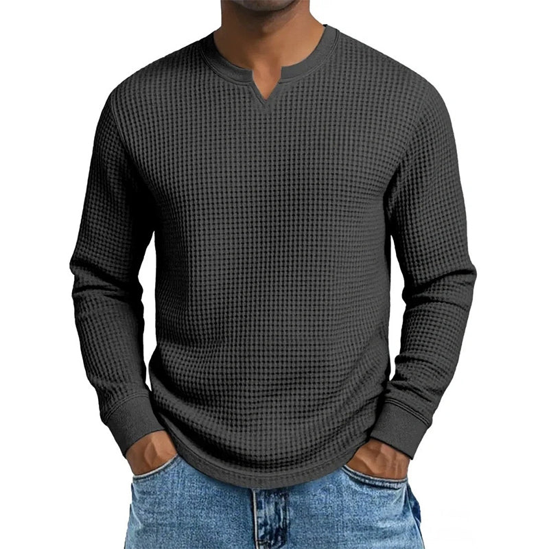 🍂 Men’s Slim-Fit Waffle-Knit V-Neck Shirt – Refined Comfort & Effortless Autumn Style